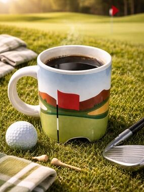Ceramic Golf Course Coffee Mug - Green with Red Flag Kikkerland